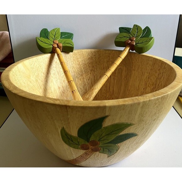 Clay Art Hand Painted Wooden Salad Serving Bowl Utensils 11.5" Round Palm Trees
